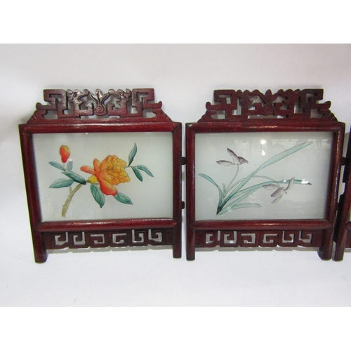 4360 - Six vintage glass panels painted with flora (one broken), 15.5cm x 11cm, in Oriental style fretwork ... 