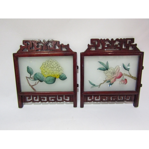 4360 - Six vintage glass panels painted with flora (one broken), 15.5cm x 11cm, in Oriental style fretwork ... 