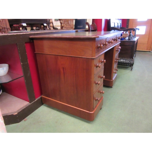 4023 - A mid-Victorian oak round cornered twin pedestal desk, the gilt tooled leather writing surface over ... 