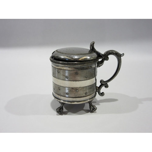 1333 - A mustard pot with a blue glass liner marked 'James Dixon & Sons', Sheffield. Height 7cm, Diameter 6... 