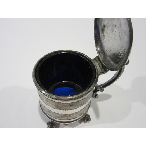 1333 - A mustard pot with a blue glass liner marked 'James Dixon & Sons', Sheffield. Height 7cm, Diameter 6... 