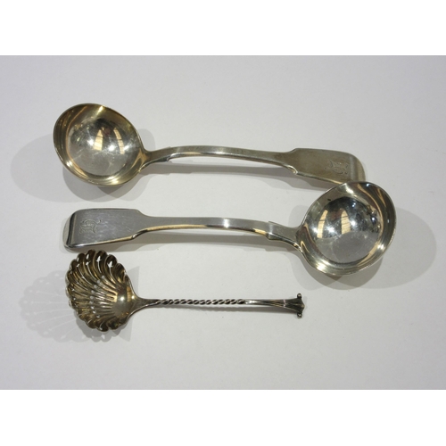 1371 - A pair of Samuel Hayne & Dudley Cater silver ladles and a silver sifting spoon