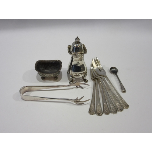 1372 - A silver pepperette, silver salt (no liner) and spoon, plated tongs and cake forks