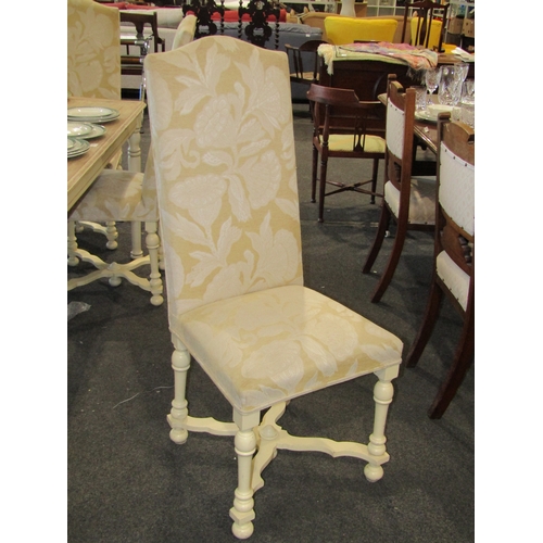 1134 - A set of six 1930's Queen Anne revival high back painted dining chairs on turned legs united by an '... 