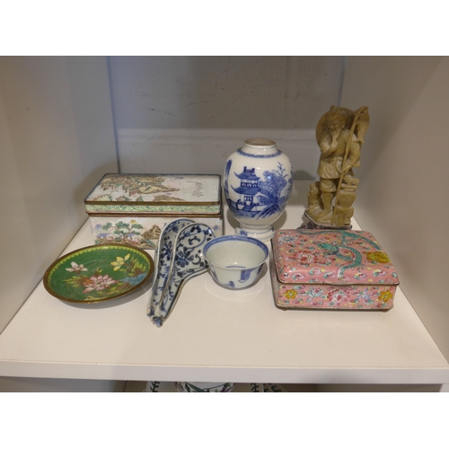 1477 - A selection of Oriental items including enamel trinket pots, dish, soapstone sage, blue and white va... 