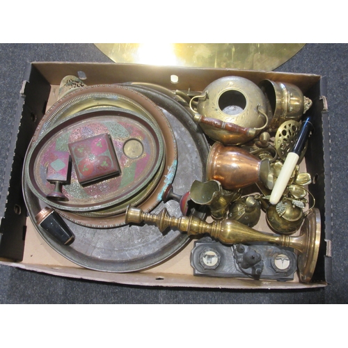 1597 - A box of brass and other metal wares including trays, inkwell, candlestick etc.