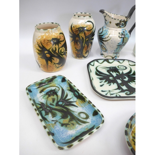 9040 - A collection of Celtic Pottery of Newlyn, Pheonix pattern vases and dishes. Tallest 21cm