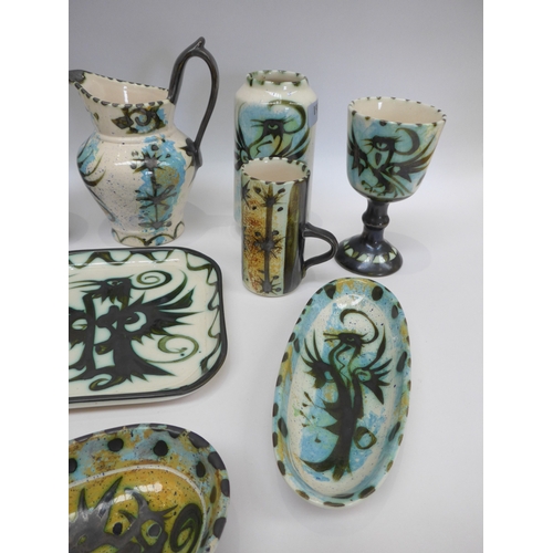 9040 - A collection of Celtic Pottery of Newlyn, Pheonix pattern vases and dishes. Tallest 21cm