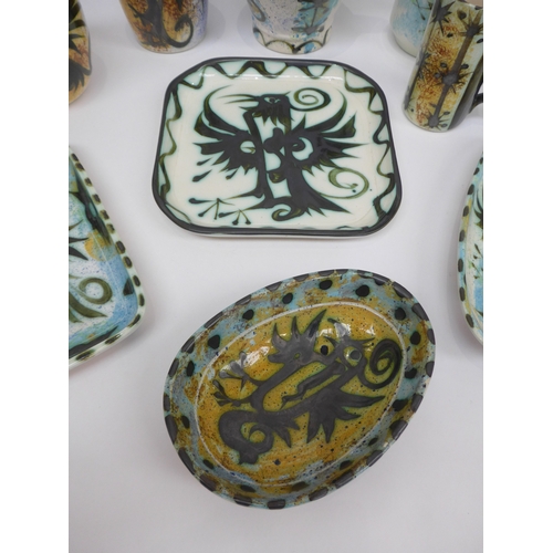 9040 - A collection of Celtic Pottery of Newlyn, Pheonix pattern vases and dishes. Tallest 21cm