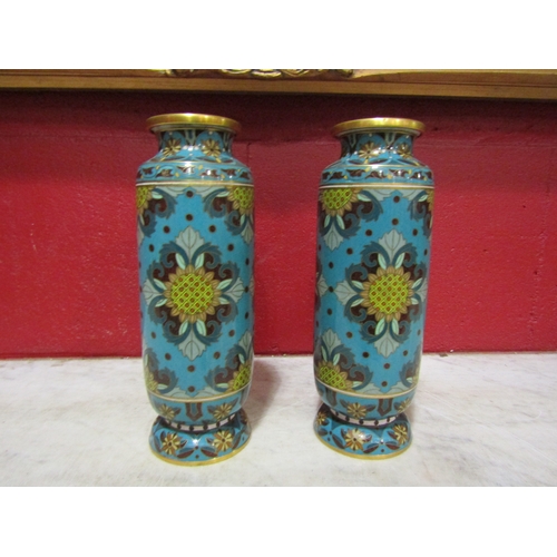 4066 - A pair of cloisonné vases of slender cylindrical form, turquoise ground decorated with stylised flow... 