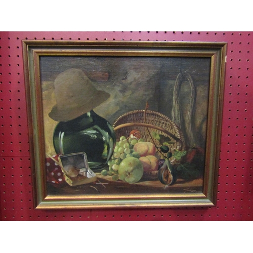 4028 - KENNETH GRAHAM FRSA, SAI: Still-life oil on board fruit in basket, tobacco pipe and tin, glass carbo... 