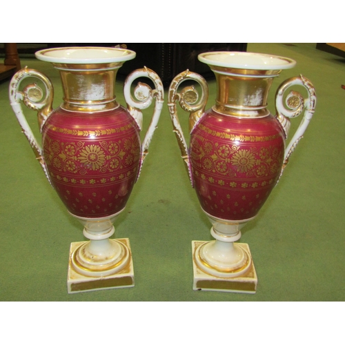 4035 - A pair of Victorian urn form vases, hand painted country scenes, 32cm tall, one a/f