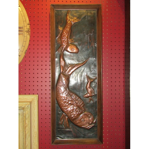 4048 - A Richard Dent copper embossed plaque of koi carp, framed, 59cm x 19cm image size