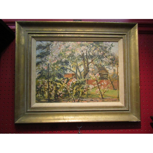 4053 - An oil on board of trees in a garden scene, signed 'Cavendish' bottom left, gilt framed, 29cm x 39cm... 