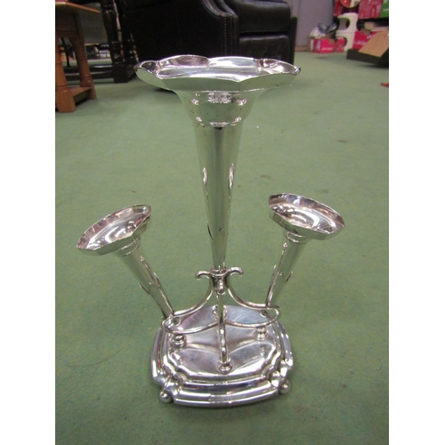 4074 - A plated three arm trumpet epergne, marked Sheffield to base, 28cm tall