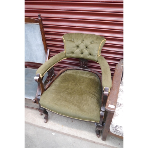 2571 - An Edwardian mahogany tub green armchair on castors