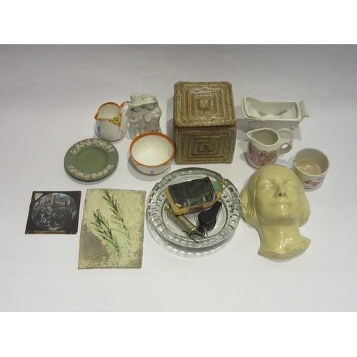 4493 - A box of miscellaneous including Wedgwood jasperware, whistles, child's tea set items, Studio potter... 