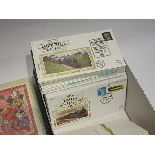 4494 - A box of post office picture cards and Benham train envelopes together with an album of postcards