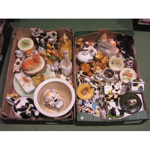 4496 - Two boxes of cow themed ceramics including jardinière, teapot, butter dish, fridge magnets, cast iro... 