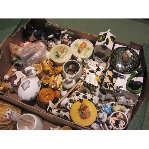 4496 - Two boxes of cow themed ceramics including jardinière, teapot, butter dish, fridge magnets, cast iro... 