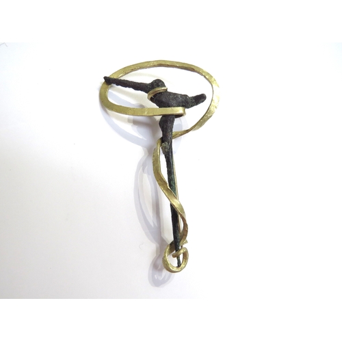 6061 - A bronze cloak pin as a bird with a later gold brooch mount stamped 18k, 8cm long, 16.5g