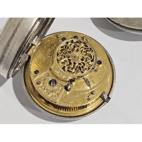 1364 - A c.1820 silver pair cased pocket watch, fusee movement by James Dawes, Attleborough with pierced ba... 