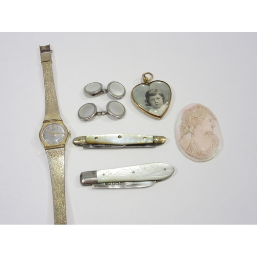 1316 - A silver fruit knife, gold heart framed photo pendant, cufflinks, cameo brooch and a Seiko quartz wa... 