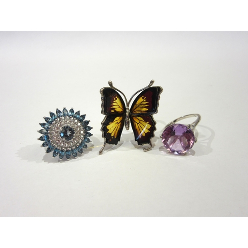 1340 - Three 925 rings including amber butterfly, Rose de France amethyst and topaz cluster