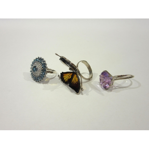 1340 - Three 925 rings including amber butterfly, Rose de France amethyst and topaz cluster