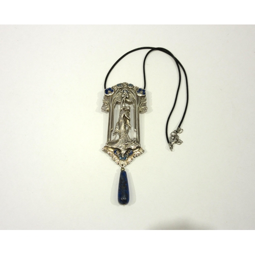 1346 - A plated Art Nouveau oversized pendant, blue enamel flowers, female figure pendant hung with a lapis... 