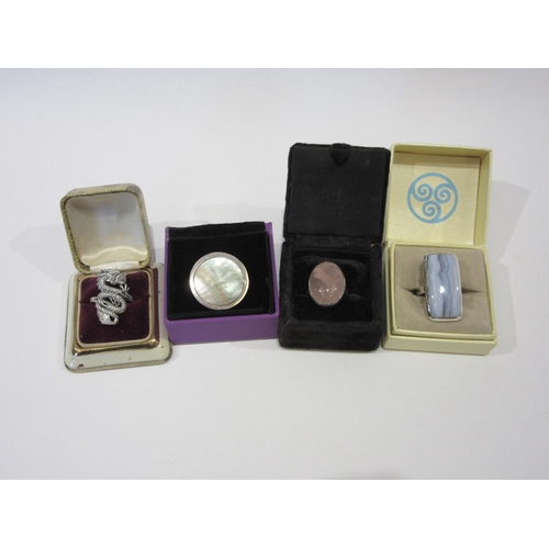 1347 - Four dress rings - rose quartz, agate, shell and dragon form stamped 925