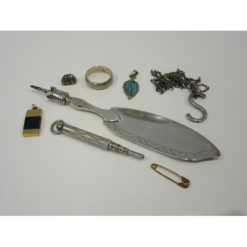 1352 - A propelling pencil; silver 's' pendant on chain, white metal band, turquoise leaf pendant and penda... 