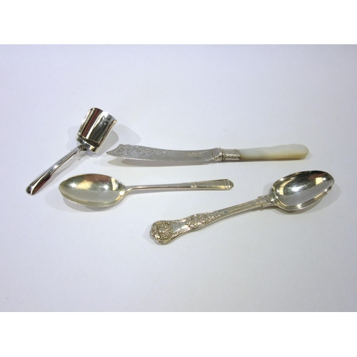 1353 - Two silver teaspoons, a mother-of-pearl handled knife and a tea caddy spoon