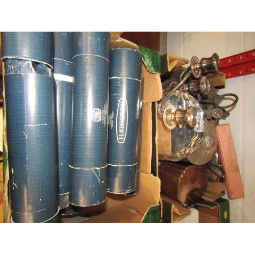 1246 - Two boxes of assorted items including Elkington flatware, plated wares, reference books, etc.
