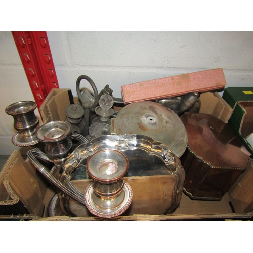 1246 - Two boxes of assorted items including Elkington flatware, plated wares, reference books, etc.