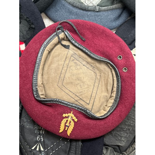 8222 - A quantity of headwear including Scottish Glengarry cap, 1960's red beret etc