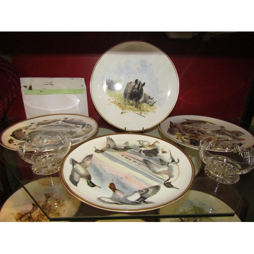 4004 - A set of three Coalport McPhail's Sporting plates with certificates, a set of six Stuart Crystal fru... 