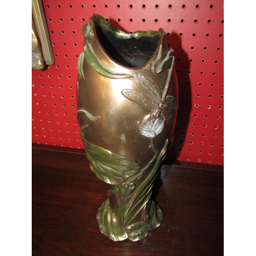 4027 - A Veronese bronze effect Art Nouveau style Dragonfly design vase, 32cm tall