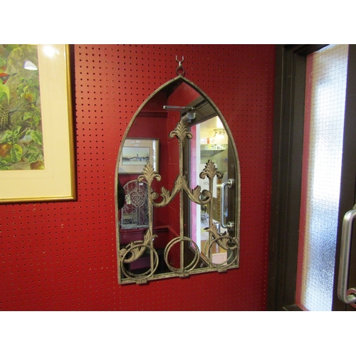 4058A - A modern Gothic style arch top wall mirror with three folding planters, 72cm x 45cm