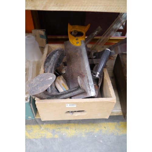 A box of carpenters tools including planes, chisel, file etc
