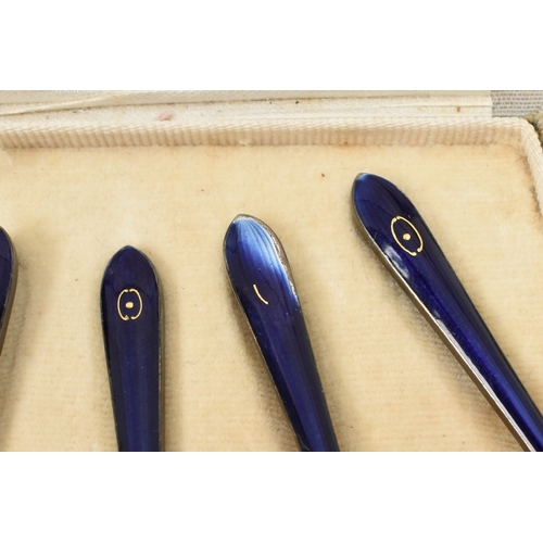 8041 - Henry James Hulbert cased set of six silver gilt and guilloche teaspoons one with damage to end of h... 
