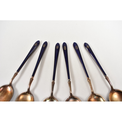 8041 - Henry James Hulbert cased set of six silver gilt and guilloche teaspoons one with damage to end of h... 