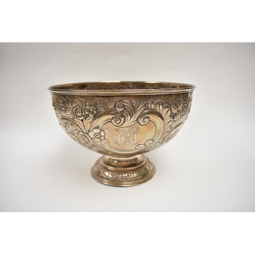8019 - A London silver presentation bowl with embossed floral detail.  One cartouche is engraved with the H... 