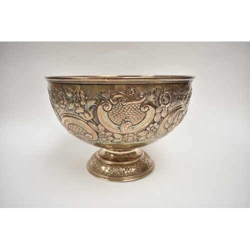 8019 - A London silver presentation bowl with embossed floral detail.  One cartouche is engraved with the H... 