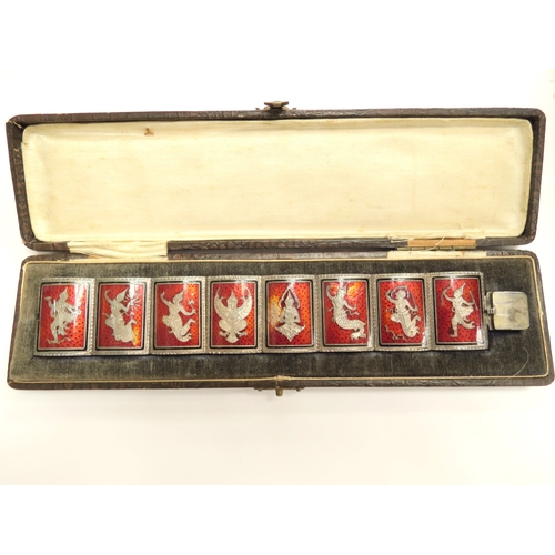 6433 - A Bangkok silver enamelled panel bracelet, some damage to enamel, in original fitted box
