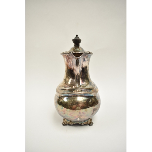 8010 - An Atkin Brothers silver coffee pot with engraved monogram to side, treen knop and handle, raised on... 