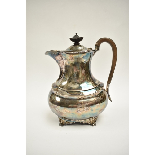 8010 - An Atkin Brothers silver coffee pot with engraved monogram to side, treen knop and handle, raised on... 