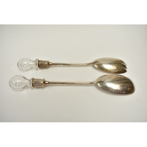 8044 - A pair of Elkington & Co Ltd silver salad servers with glass finial handles, Birmingham 1901, 25cm l... 