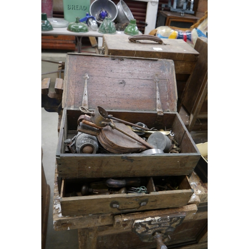 2064 - A late Georgian oak chest with single drawer with unusual contents including lamp, bellows, early wh... 