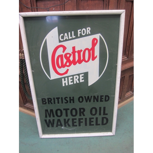 7088 - A hand painted tin Castrol sign in framed 'Call For Castrol Here', frame size 80cm x 121cm